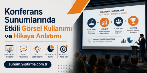 Turkish conference banner reading 'Konferans Sunumlarında Etkili Görsel Kullanımı ve Hikaye Anlatımı' with orange and navy graphics and a speaker at a podium on the right.