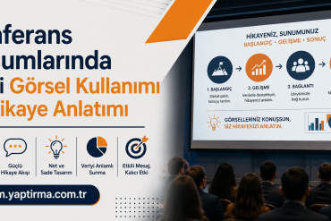 Konferans Sunumlarında - Sunum Yaptırma Merkezi Turkish conference banner reading 'Konferans Sunumlarında Etkili Görsel Kullanımı ve Hikaye Anlatımı' with orange and navy graphics and a speaker at a podium on the right.
