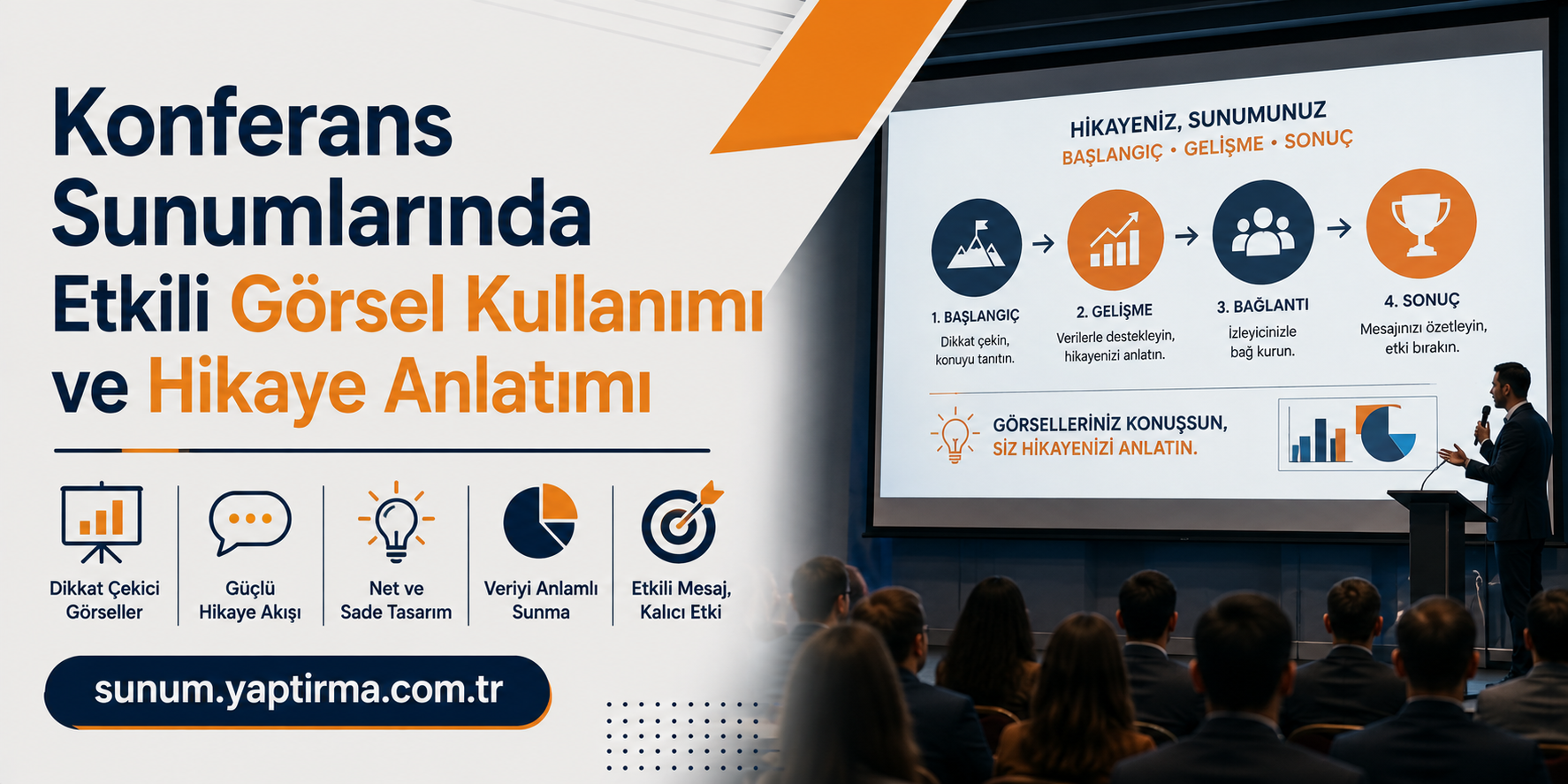 Turkish conference banner reading 'Konferans Sunumlarında Etkili Görsel Kullanımı ve Hikaye Anlatımı' with orange and navy graphics and a speaker at a podium on the right.