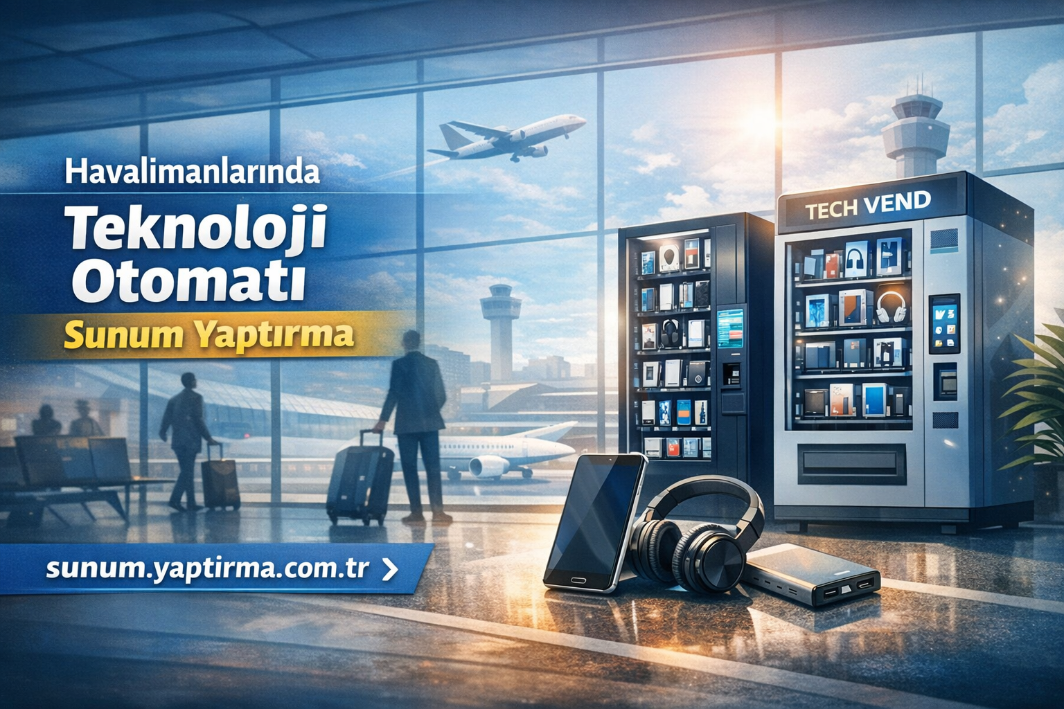 Airport concourse with two device vending machines (TECH VEND) and a plane visible outside; foreground shows a smartphone, headphones, and a power bank.