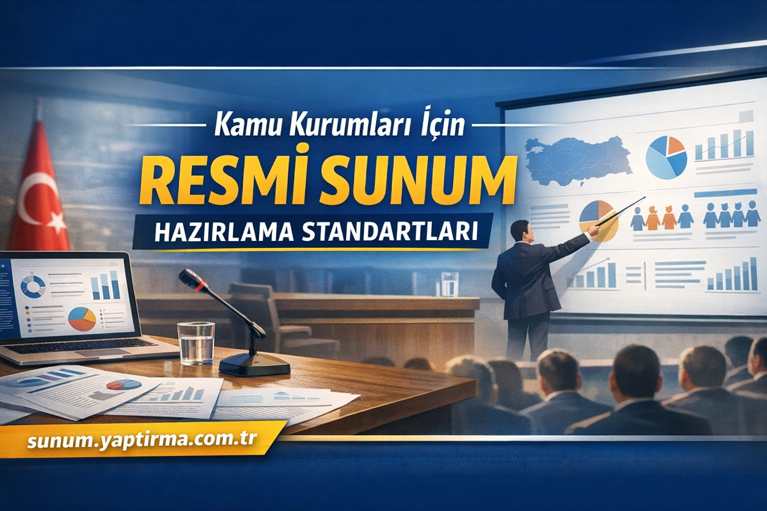 Turkish conference banner showing a presenter pointing to charts; flag, laptop, papers, and the text 'RESMİ SUNUM HAZIRLAMA STANDARTLARI'.