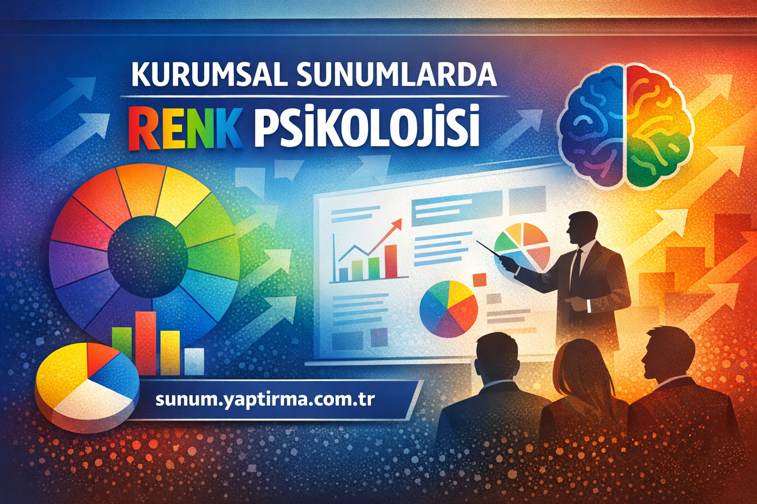 Colorful infographic about color psychology in corporate presentations, showing charts, a brain illustration, and a presenter outlining data to a audience.