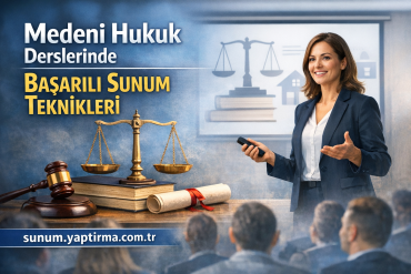 Turkish-law seminar banner: smiling female presenter in a blue suit discusses 'Başarılı Sunum Teknikleri' with scales of justice, gavel, and law books; website sunum.yaptirma.com.tr