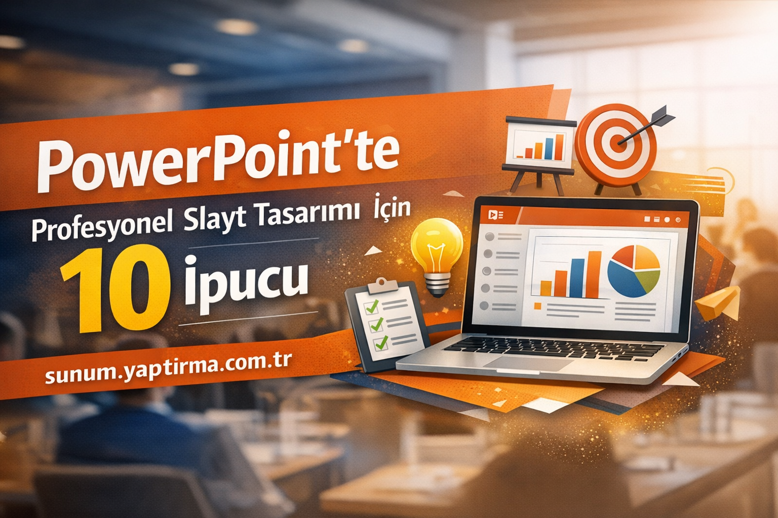 Banner offering 10 tips for professional PowerPoint slide design, featuring a laptop and charts on an orange backdrop.