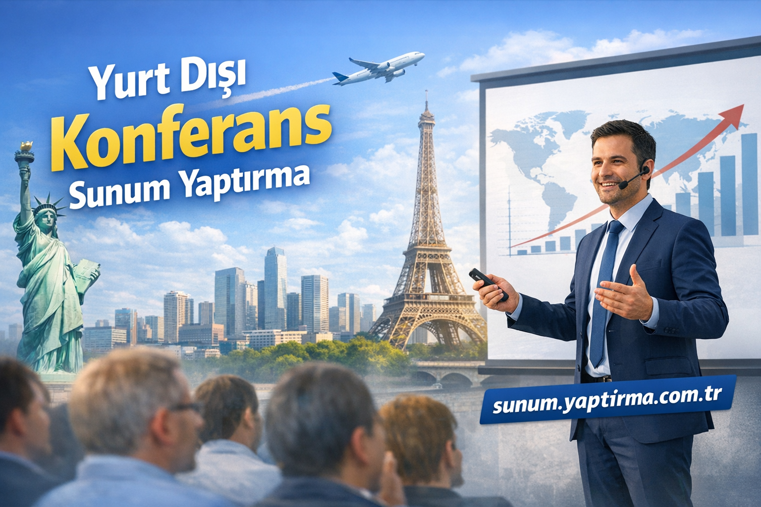 Presenter in suit giving a conference talk with a world chart on screen; background includes Eiffel Tower, Statue of Liberty and business skyline; Turkish text on banner.