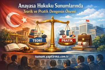 Poster for constitutional law: a gold balance scale with 'TEORI' on the left and 'PRATİK' on the right, Turkish flag, and an audience silhouette beneath.