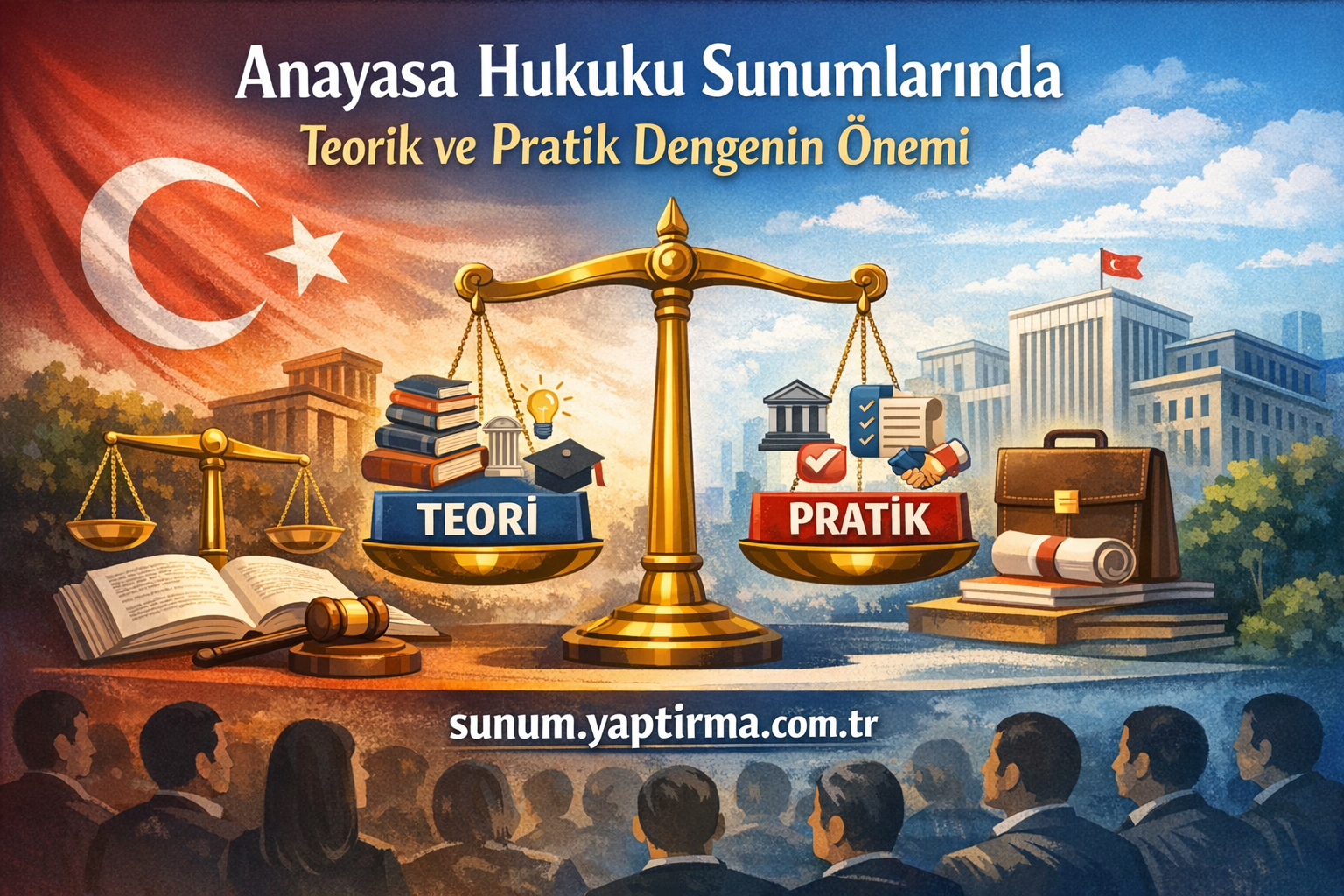 Poster for constitutional law: a gold balance scale with 'TEORI' on the left and 'PRATİK' on the right, Turkish flag, and an audience silhouette beneath.