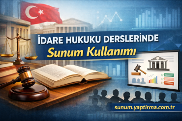Educational banner about administrative law presentation featuring a gavel, scales, an open book, a Turkish flag, and courthouse imagery with charts in the background.