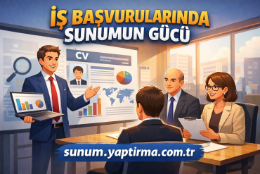Presenter in a suit shows charts on a board to three colleagues in a bright office; Turkish headline about job applications.