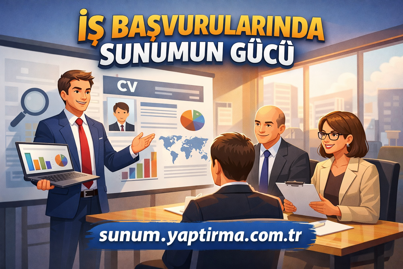 Presenter in a suit shows charts on a board to three colleagues in a bright office; Turkish headline about job applications.