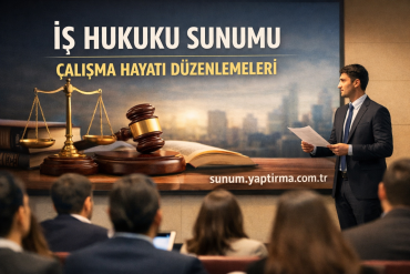 Professional delivering a labor law presentation on stage; banner reads 'İŞ HUKUKU SUNUMU', scales and gavel imagery behind, speaker holds papers while audience watches.
