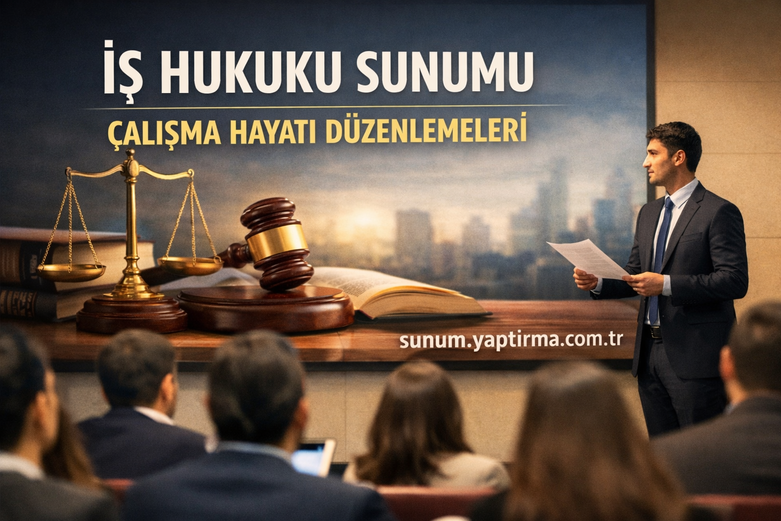 Professional delivering a labor law presentation on stage; banner reads 'İŞ HUKUKU SUNUMU', scales and gavel imagery behind, speaker holds papers while audience watches.