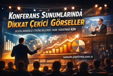 Audience watches a speaker on a stage beside a large, illuminated conference banner with charts and a globe graphic in orange and blue hues.