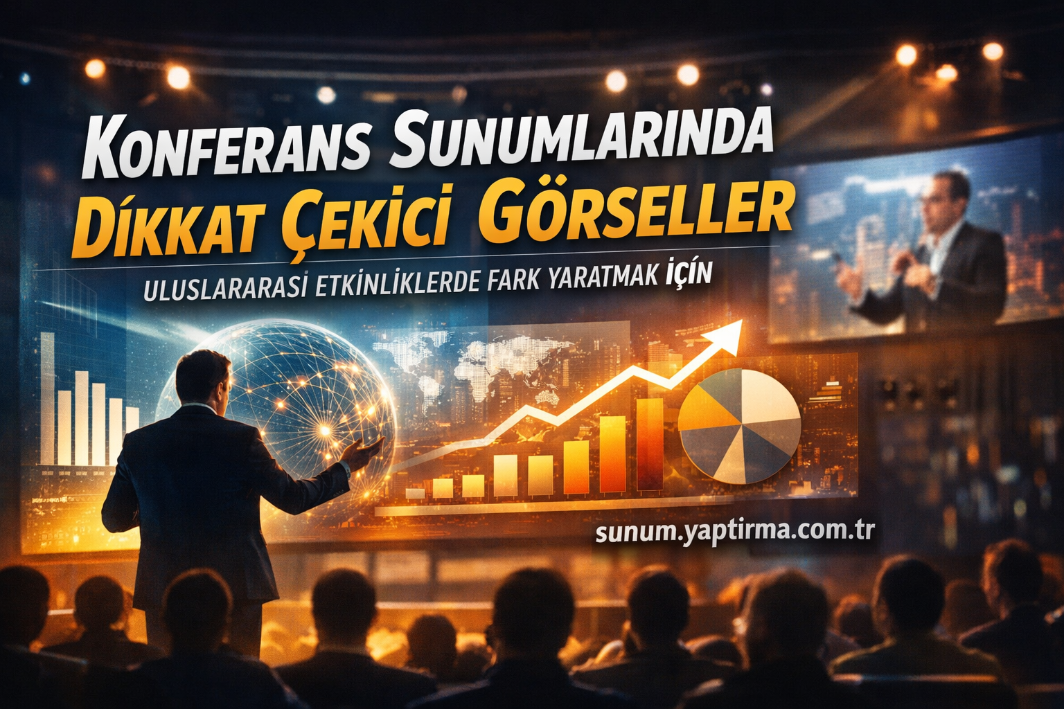 Audience watches a speaker on a stage beside a large, illuminated conference banner with charts and a globe graphic in orange and blue hues.