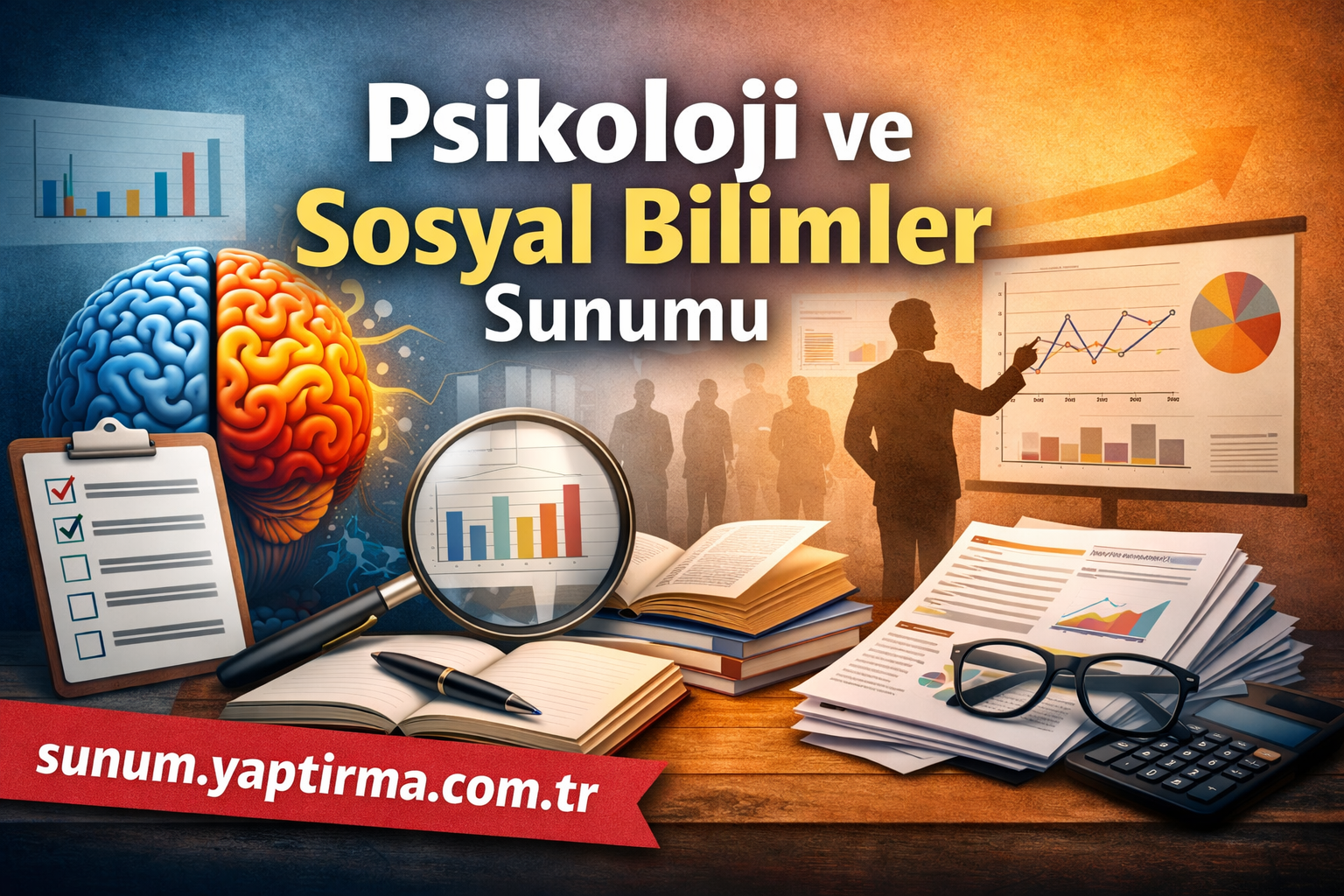 Poster-style slide for a psychology and social sciences presentation featuring a brain, charts, and a presenter pointing at graphs.