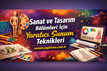 Bright art and design banner with paints, brushes, a mannequin, blueprints, and a laptop showing 'DESIGN' beside Turkish text about creative presentation techniques.