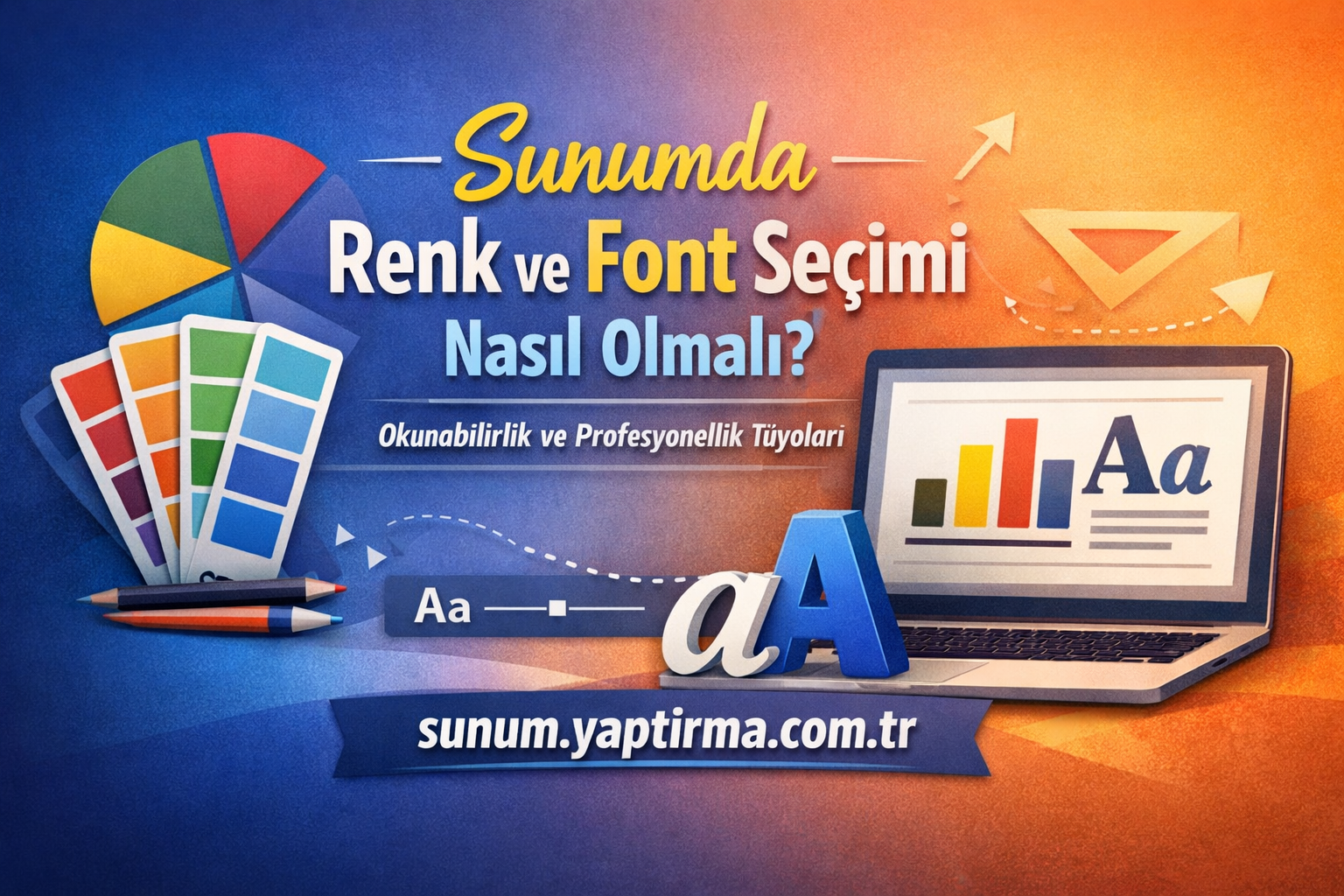Sunumda Renk ve Font Seçimi Nasıl Olmalı - Sunum Yaptırma Merkezi Infographic banner about color and font choices with color swatches, Aa letters, and a laptop, in Turkish text.