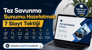 İlk planı öne çıkaran görsel: Tez savunması için 7 slayt taktiğini ilan eden reklam afişi ve laptop üzerinde sunum ekranı, URL sunum.yaptirma.com.tryle birlikte.