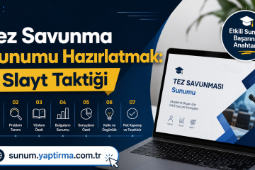 İlk planı öne çıkaran görsel: Tez savunması için 7 slayt taktiğini ilan eden reklam afişi ve laptop üzerinde sunum ekranı, URL sunum.yaptirma.com.tryle birlikte.
