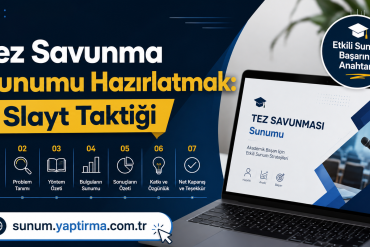 İlk planı öne çıkaran görsel: Tez savunması için 7 slayt taktiğini ilan eden reklam afişi ve laptop üzerinde sunum ekranı, URL sunum.yaptirma.com.tryle birlikte.