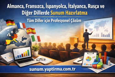 Almanca Fransızca İspanyolca - Sunum Yaptırma Merkezi Presenter giving a talk to an audience with a world map projection on a screen and business charts, advertising multilingual presentation services (sunum yaptirma).