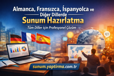 Almanca Fransızca İspanyolca ve Diğer Dillerde Sunum Hazırlatma - Sunum Yaptırma Merkezi Turkish business presentation banner with flags, laptops, charts, and a presenter pointing to a world map on screen.