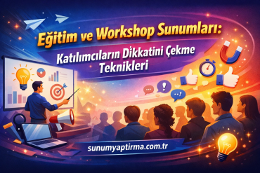 Eğitim ve Workshop Sunumları Katılımcıların Dikkatini Çekme Teknikleri - Sunum Yaptırma Merkezi Instructor presenting charts on a large screen to a lively workshop audience.