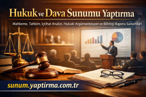 Banner advertising a law and litigation presentation featuring scales of justice, a gavel, legal documents, and a presenter pointing at charts; site sunum.yaptirma.com.tr