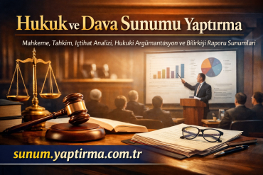 Hukuk ve Dava Sunumu Yaptırma - Sunum Yaptırma Merkezi Banner advertising a law and litigation presentation featuring scales of justice, a gavel, legal documents, and a presenter pointing at charts; site sunum.yaptirma.com.tr