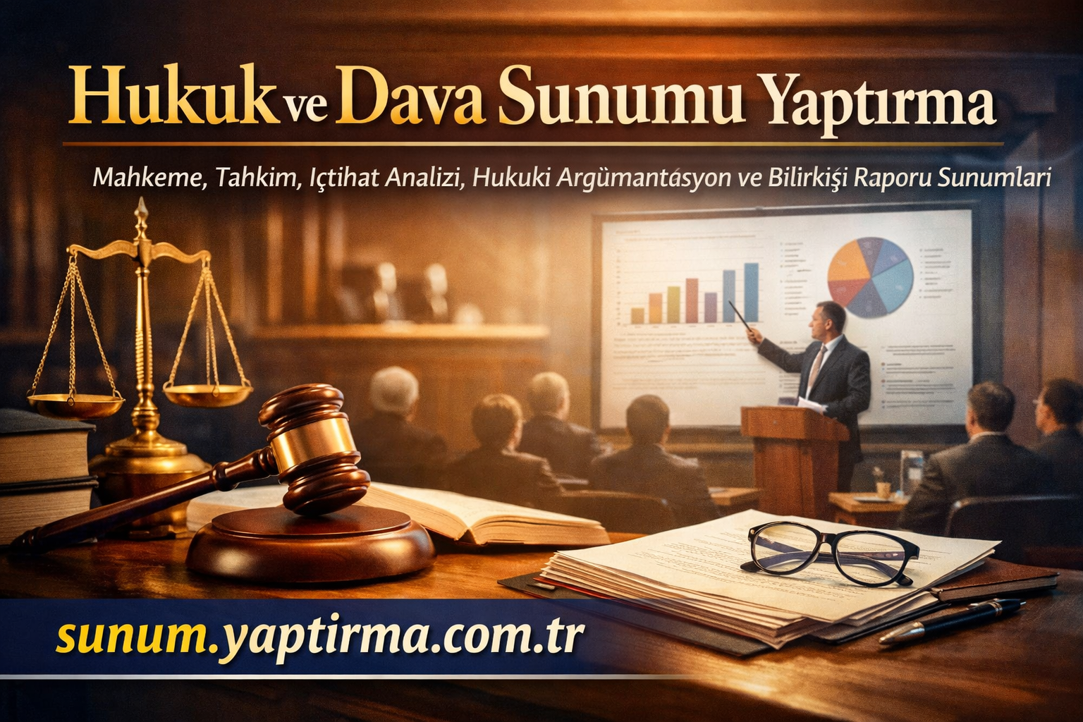 Banner advertising a law and litigation presentation featuring scales of justice, a gavel, legal documents, and a presenter pointing at charts; site sunum.yaptirma.com.tr