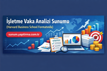 Blue business presentation banner featuring charts, a laptop with graphs, a strategy clipboard, and stacked coins, with Turkish title about a business case analysis