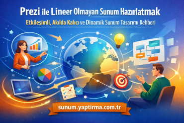 Turkish banner about non-linear presentation design with global icons, graphs, and a speaker at right offering ideas to an audience around a globe image.