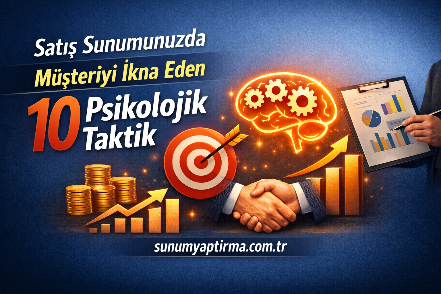Turkish banner: '10 Psikolojik Taktik' to persuade customers, with handshake, target, brain gears, and charts, site sunumyaptrma.com.tr