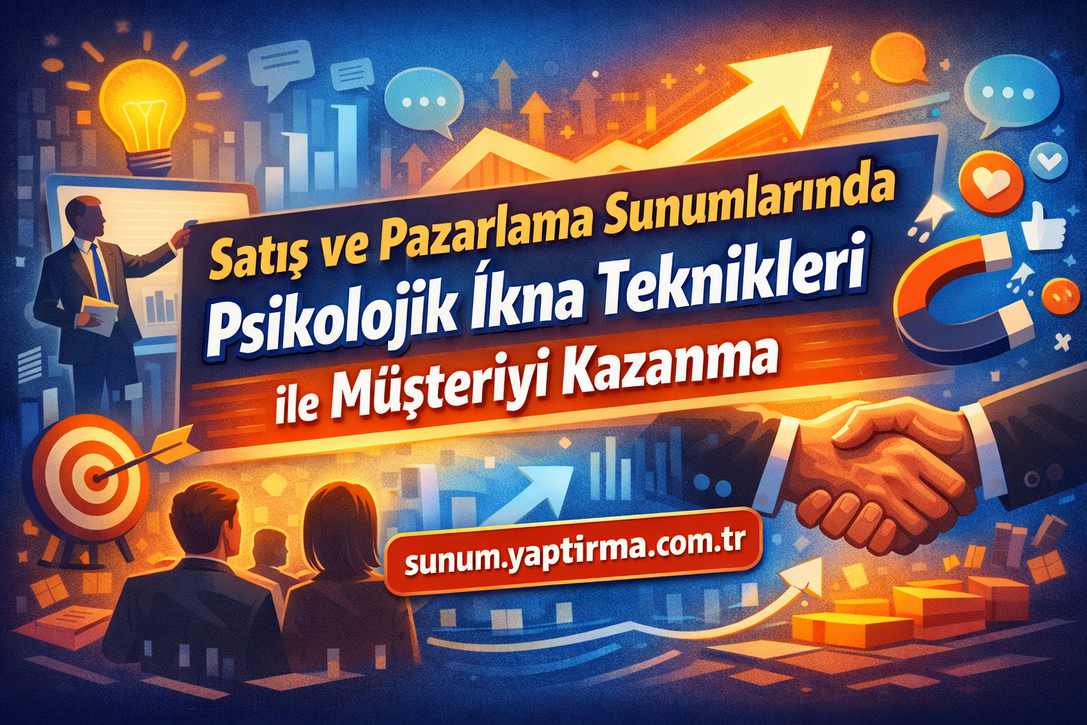 İş dünyası temalı afiş: Satış ve Pazarlama Sunumlarında Psikolojik İkna Teknikleriyle müşteriyi kazanma başlığı olan renkli reklam görseli.