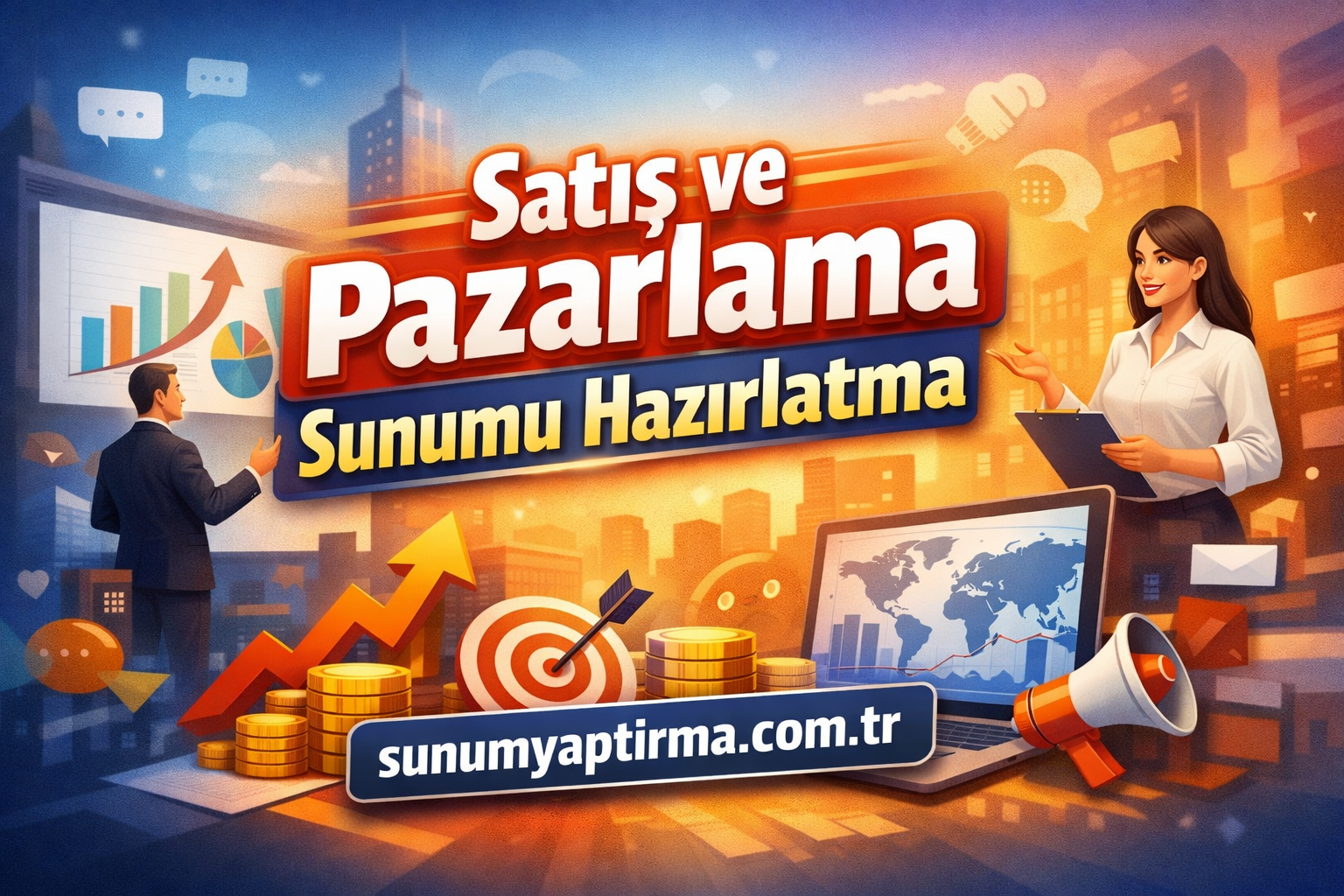 Satış ve Pazarlama Sunumu Hazırlatma - Sunum Yaptırma Merkezi Turkish sales and marketing presentation prep banner with two presenters, charts, coins, and a laptop.