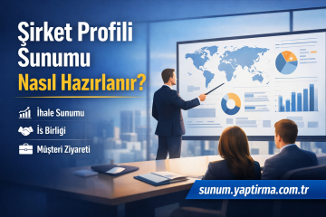 Şirket Profili Sunumu Nasıl Hazırlanır? Toplantı odasında sunum yapan kişi ve grafiklerle gösterim.