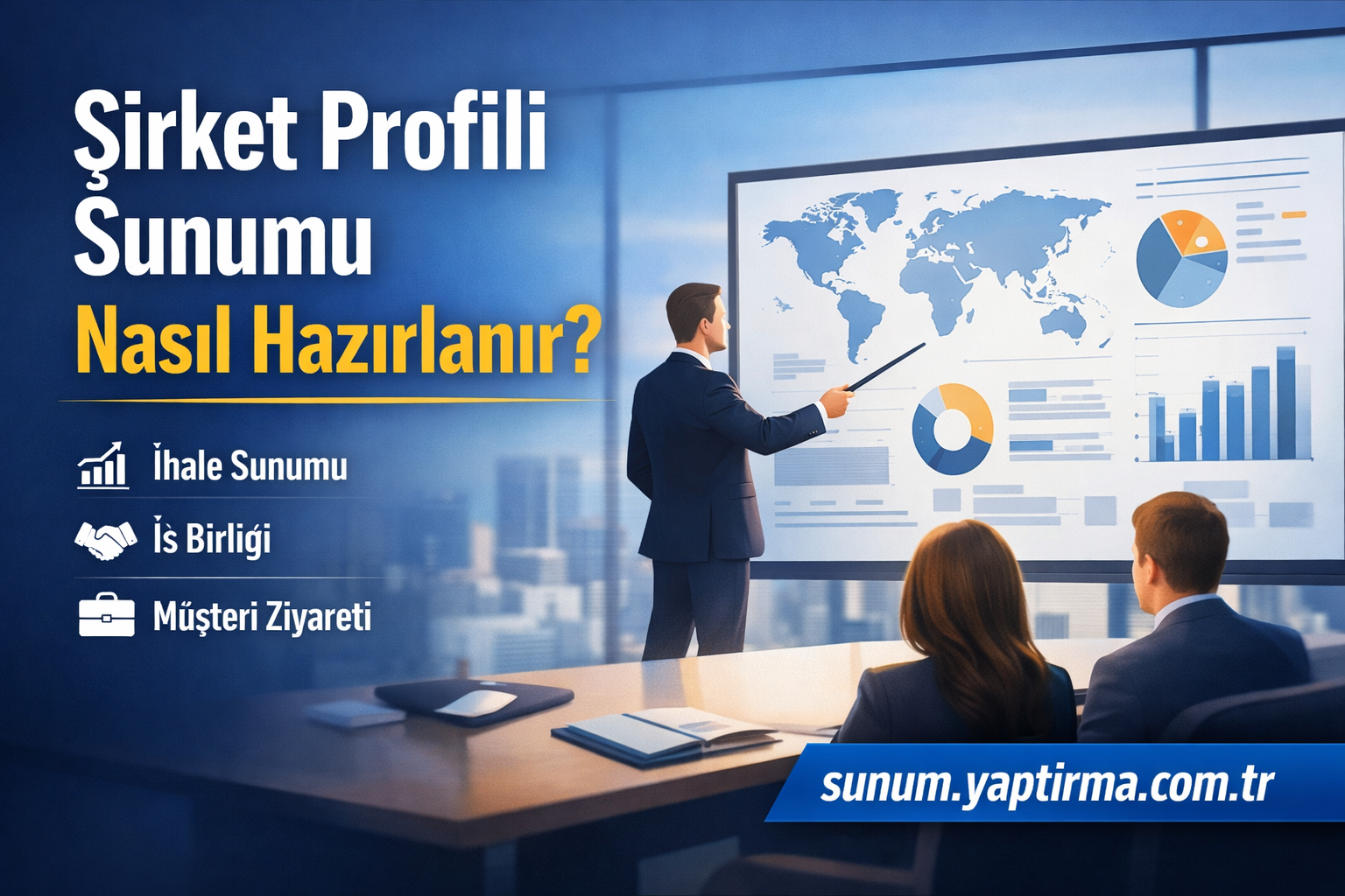 Şirket Profili Sunumu Nasıl Hazırlanır? Toplantı odasında sunum yapan kişi ve grafiklerle gösterim.