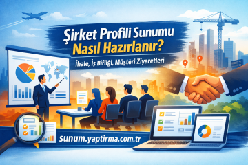 Business presentation scene with a speaker pointing to charts on a screen, seated attendees, and a city skyline in the background; Turkish banner headline reads 'Şirket Profili Sunumu Nasıl Hazırlanır?'.