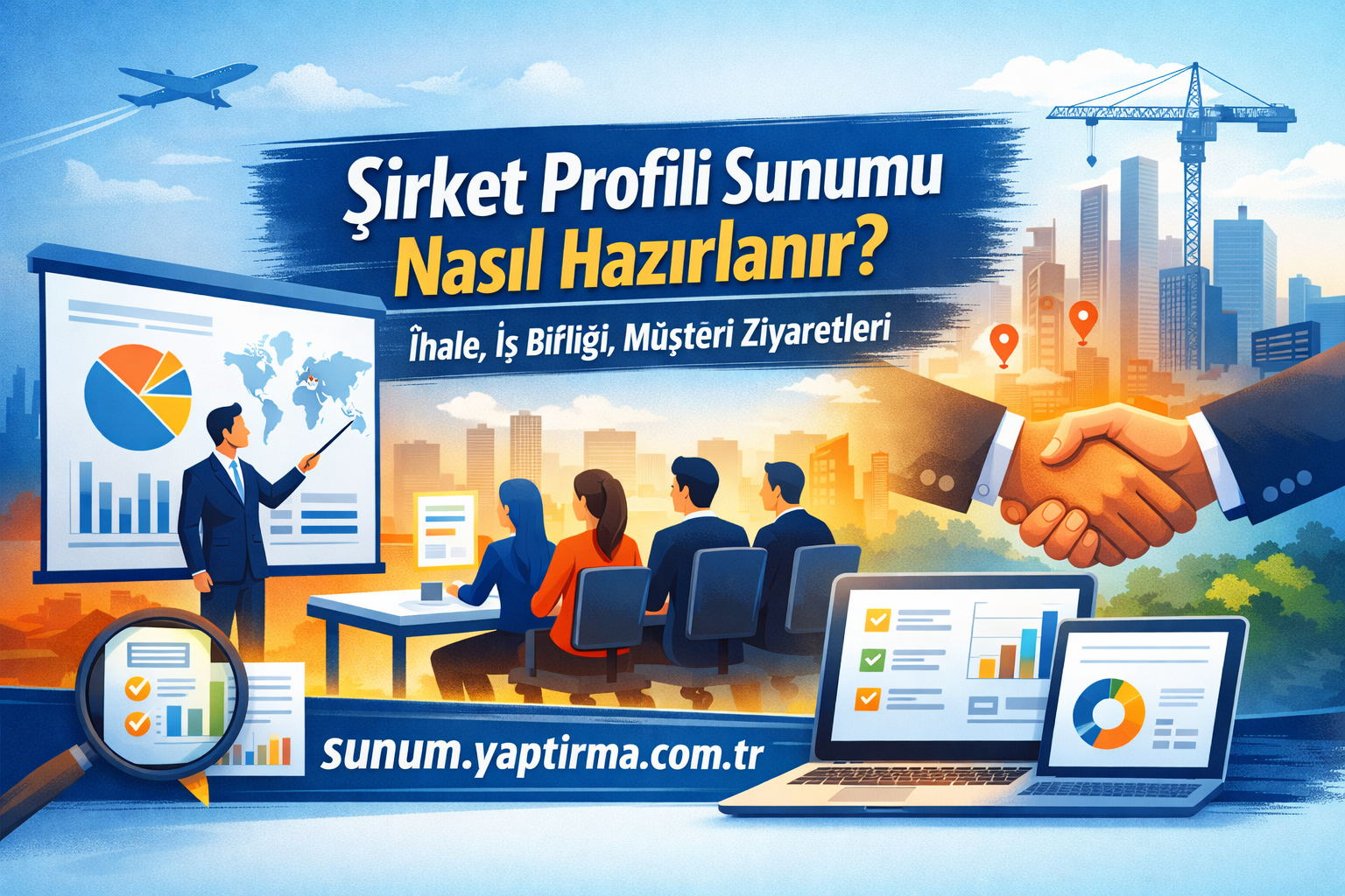 Business presentation scene with a speaker pointing to charts on a screen, seated attendees, and a city skyline in the background; Turkish banner headline reads 'Şirket Profili Sunumu Nasıl Hazırlanır?'.