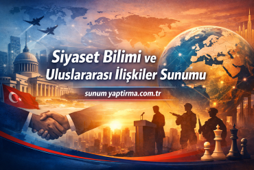 Siyaset Bilimi ve Uluslararası İlişkiler Sunumu - Sunum Yaptırma Merkezi Banner for a political science and international relations presentation with a globe, handshake, Turkish flag, and silhouettes of speakers and soldiers.