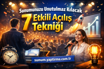 Turkish conference banner reading '7 Etkili Açılış Tekniği' with a rocket, rising bar chart, and an audience; a man at a podium gestures while a smiling woman holds a microphone on the right.