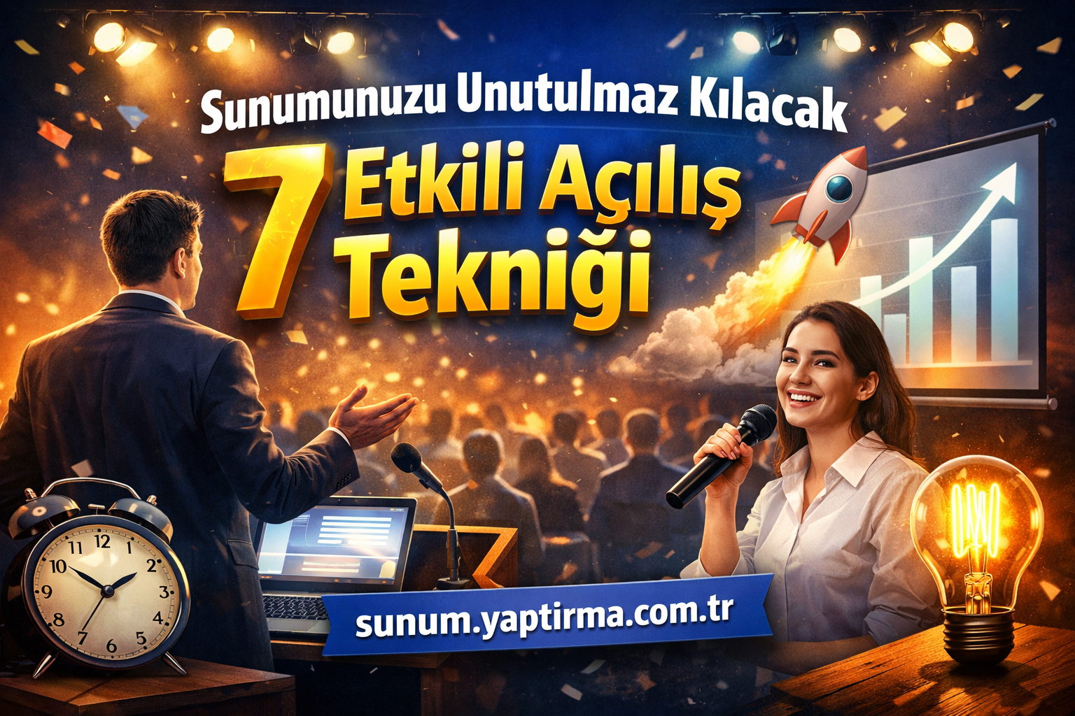 Sunumunuzu Unutulmaz Kılacak 7 Etkili Açılış Tekniği - Sunum Yaptırma Merkezi Turkish conference banner reading '7 Etkili Açılış Tekniği' with a rocket, rising bar chart, and an audience; a man at a podium gestures while a smiling woman holds a microphone on the right.