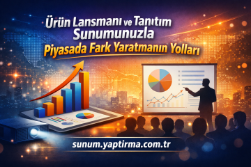 Product launch and promotion presentation with charts and a speaker to an audience in a vibrant backdrop