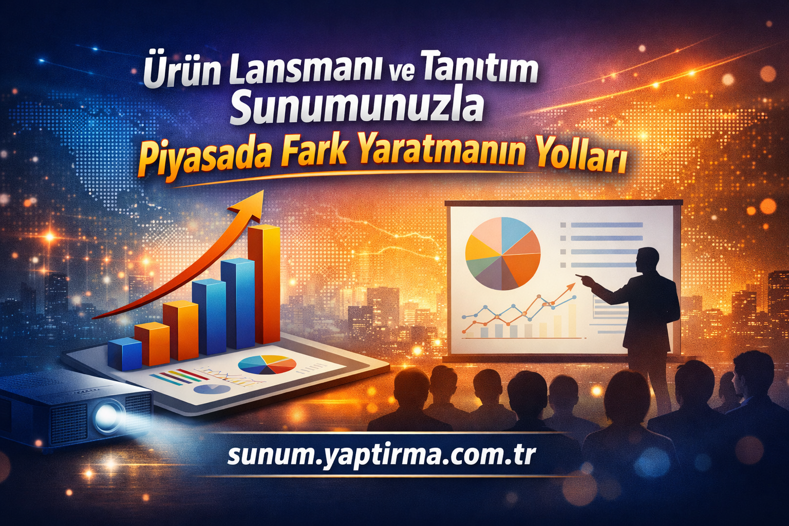 Product launch and promotion presentation with charts and a speaker to an audience in a vibrant backdrop