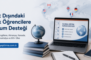 Banner promoting presentation support for Turkish students studying abroad, with a laptop showing slides, a globe, stacks of books, passport, and coffee cup on a desk.