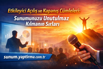 Turkish poster text about memorable openings and closings for presentations, showing a presenter on stage and a hand holding a microphone in the foreground.