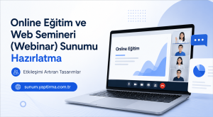 Turkish online education banner showing a laptop with a webinar interface and a blue call-to-action button.