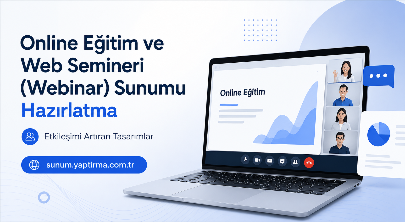 Online Eğitim ve Web - Sunum Yaptırma Merkezi Turkish online education banner showing a laptop with a webinar interface and a blue call-to-action button.