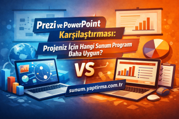 Prezi ve PowerPoint karşılaştırması için iki bilgisayar ve grafiklerle bir afiş, karşılaştırma mesajı merkezde 'VS' simgesiyle vurgulanıyor. (Türkçe)