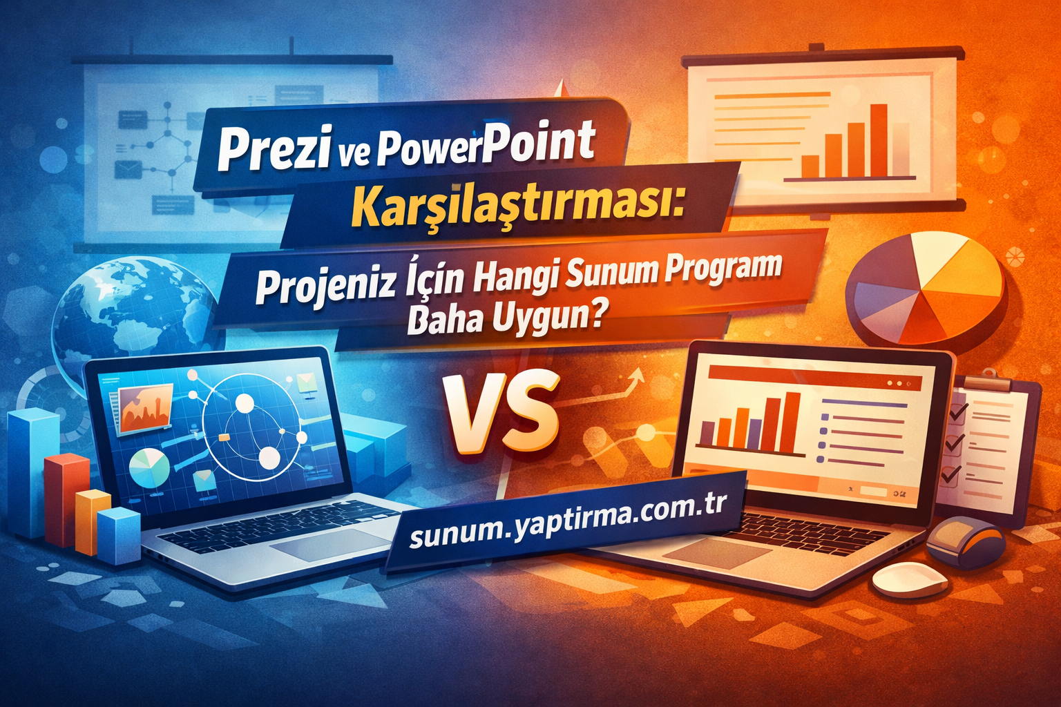 Prezi ve PowerPoint Karşılaştırması - Sunum Yaptırma Merkezi Prezi ve PowerPoint karşılaştırması için iki bilgisayar ve grafiklerle bir afiş, karşılaştırma mesajı merkezde 'VS' simgesiyle vurgulanıyor. (Türkçe)
